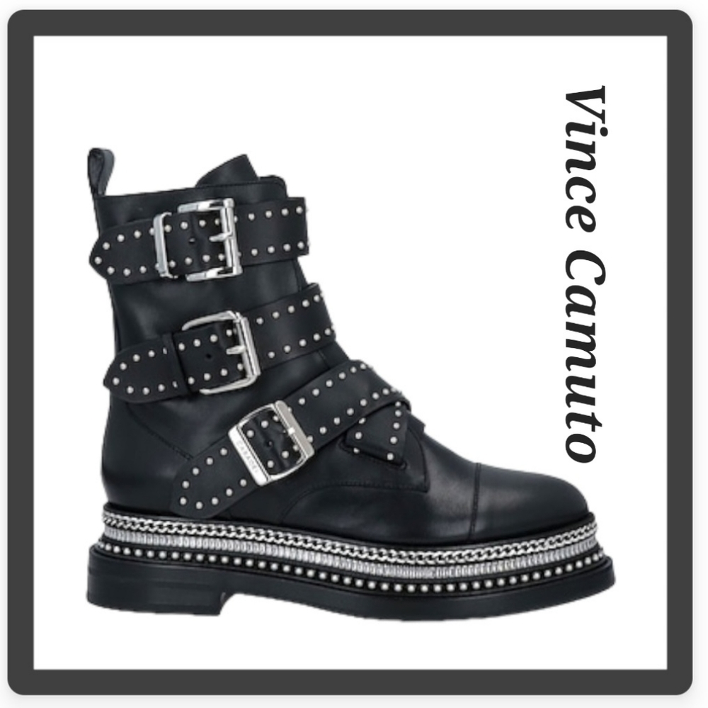 Vince Camuto Bobette 3-Strap Black Leather Combat Boots